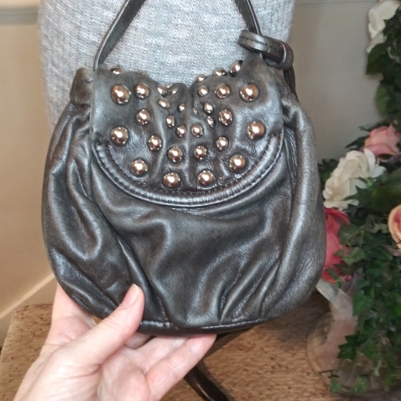 Badgley Mischka Charcoal Leather Boho/Rocker Chic Silver Studded Crossbody Purse - Picture 7 of 13